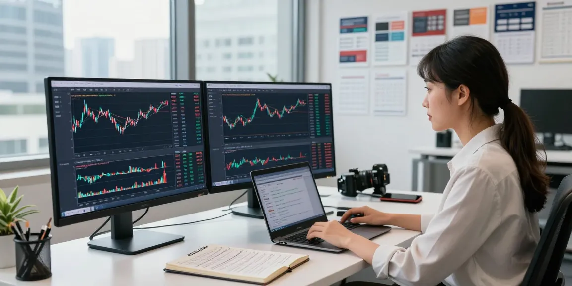 Developer analyzing EURUSD live data feed in a modern trading office with dual monitors and financial publications.