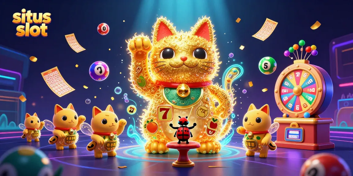 Permainan slot menarik di situs slot dengan kucing keberuntungan dan bola lotre berwarna-warni.