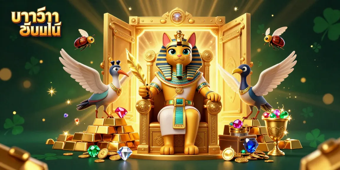 Engage in บาคาร่าออนไลน์ excitement with an Egyptian pharaoh cat and treasure vaults.