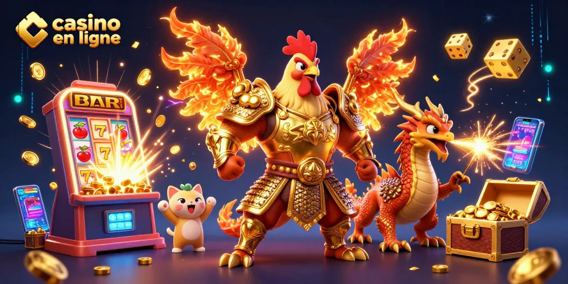 Profitez de l'ambiance du casino en ligne avec un combattant coq, un dragon et des machines à sous.