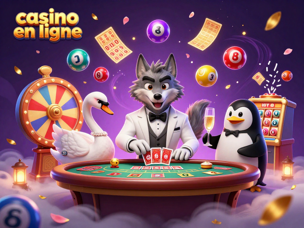 Expérimentez le casino en ligne avec un loup élégant et des jeux fascinants autour.