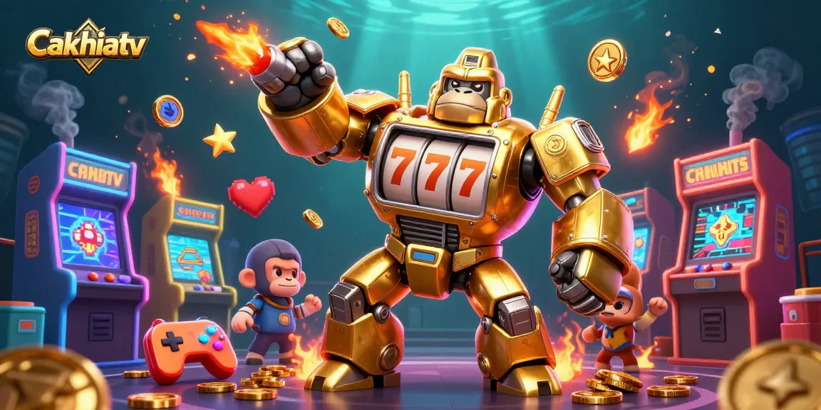 Cakhiatv showcases a vibrant 3D casino scene with a golden gorilla mech and dynamic gaming elements.