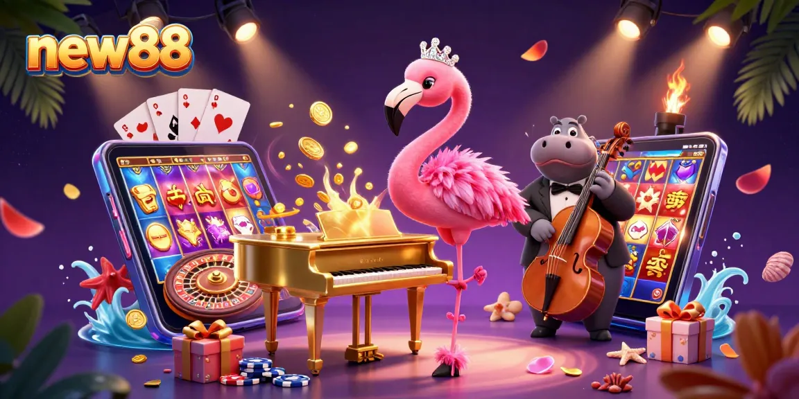 Enjoy new88's vibrant casino atmosphere with a colorful flamingo singer and hippo bassist.