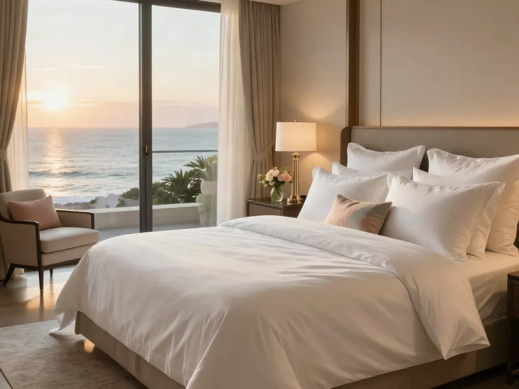 Hotel room with luxury bedding from a top hotel linen supplier, featuring ocean view and elegant decor.