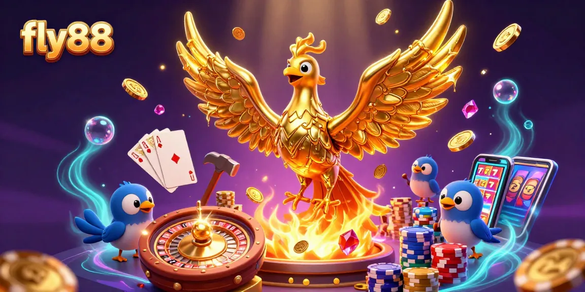 Experience the thrill of fly88 with a golden phoenix and dazzling casino elements. Join the excitement!