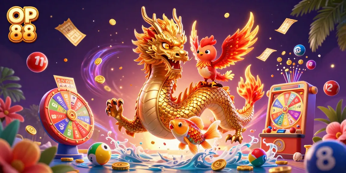 Engage with OP 88's exciting gaming universe with a dynamic casino illustration featuring a dragon, phoenix, and koi fish.