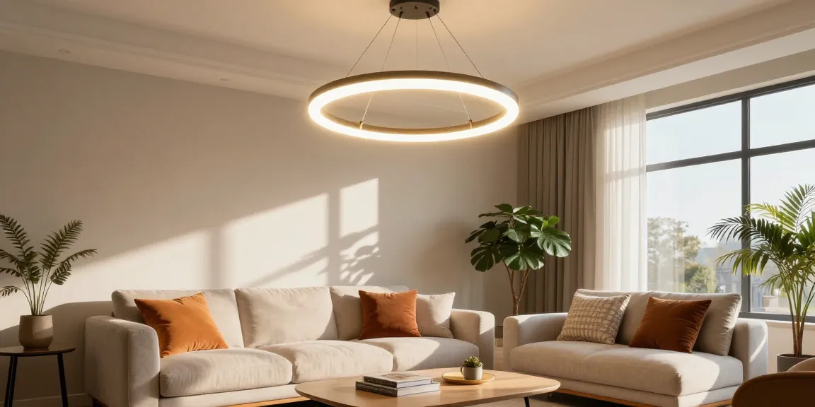 Lustra living modernă într-un living primitor cu decor elegant și lumină naturală.