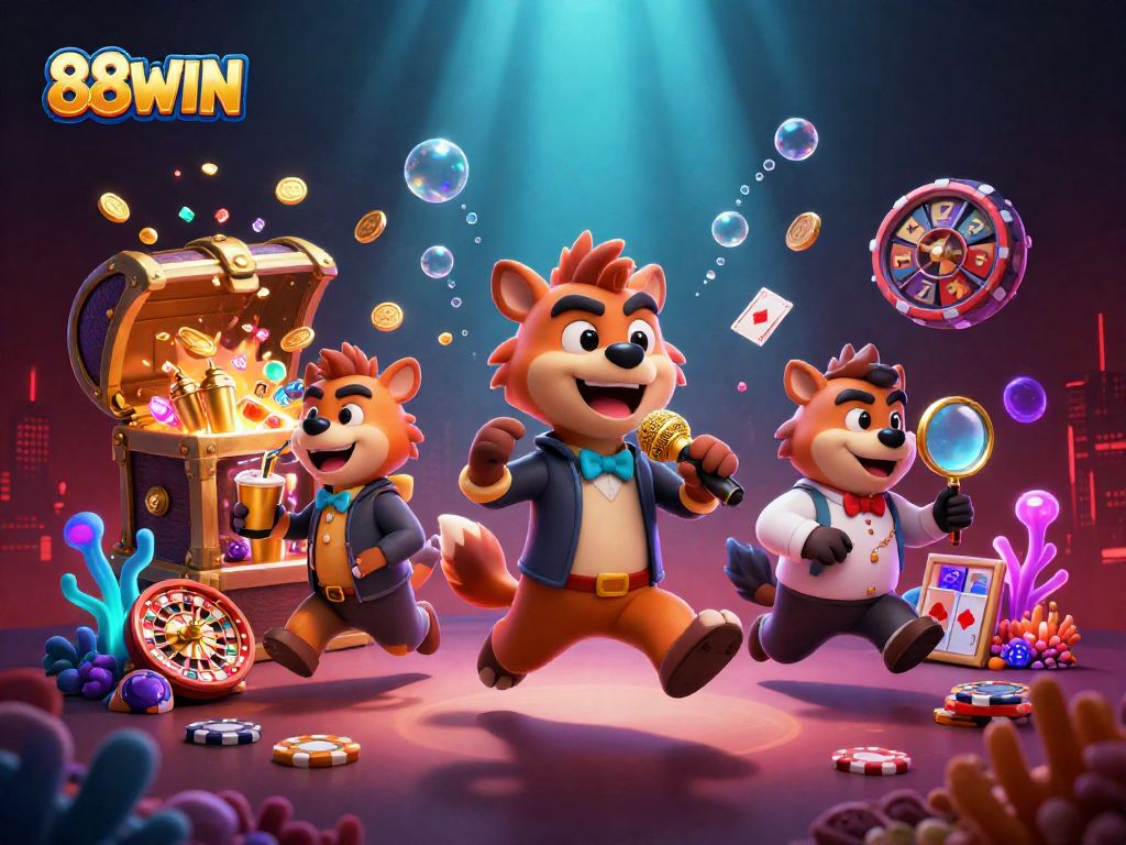 Join the fun at 88WIN with a lively illustration of hyenas in a vibrant casino atmosphere, perfect for engaging gamblers.