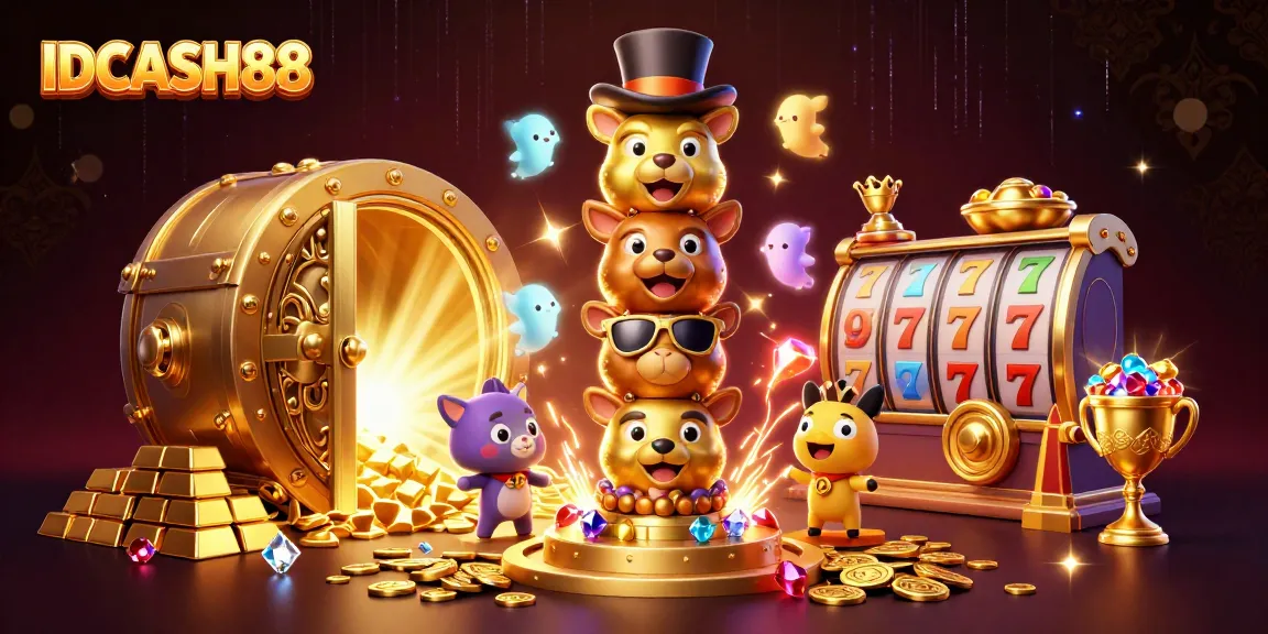Experience the thrill of IDCASH88 with vibrant 3D illustration showcasing interactive slots and treasures.