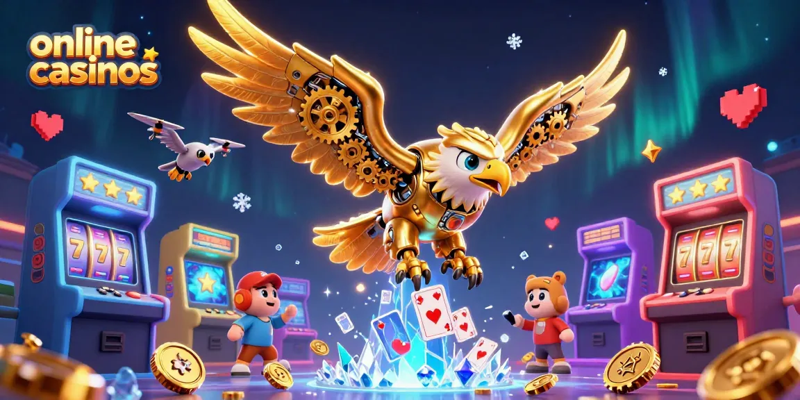 Engaging 3D scene showcasing online casinos with a cybernetic eagle amidst vibrant game elements and holographic cards.