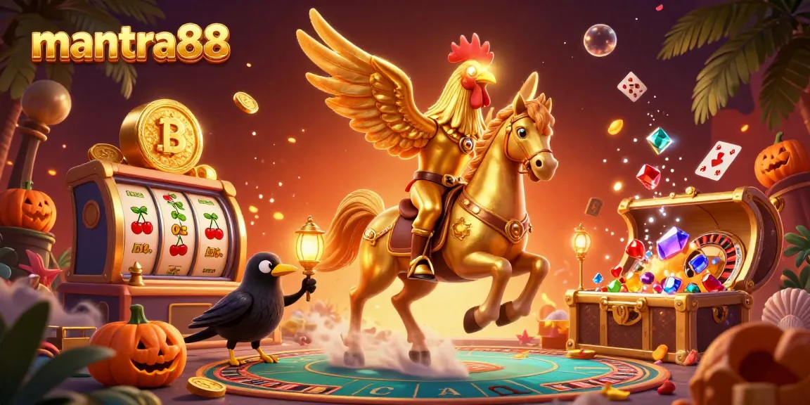 Experience thrilling jackpots at mantra88 with a golden rooster character in a vibrant casino setting.