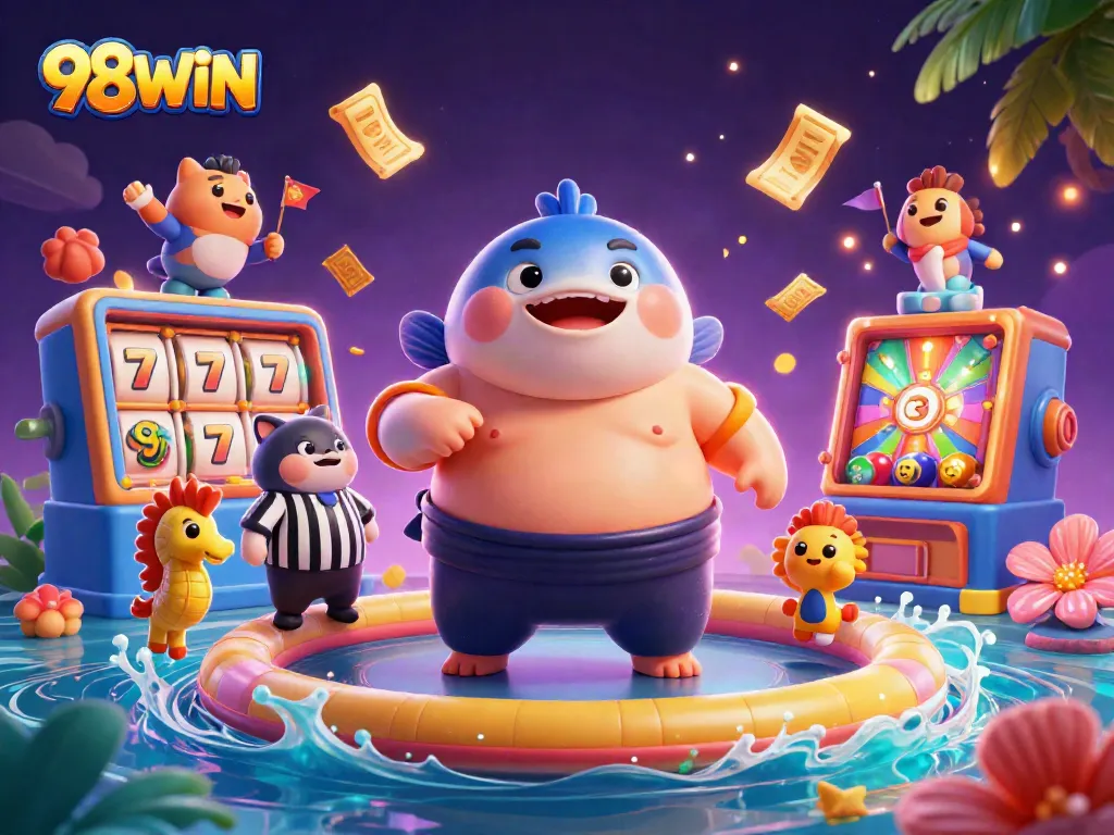 Engage with 98WIN through a vibrant 3D casino cartoon featuring dynamic game elements.