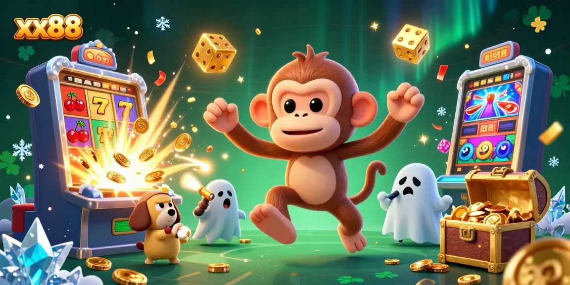 Win big at xx88 with a playful poltergeist monkey and a ghost-hunter puppy amidst vibrant casino elements.