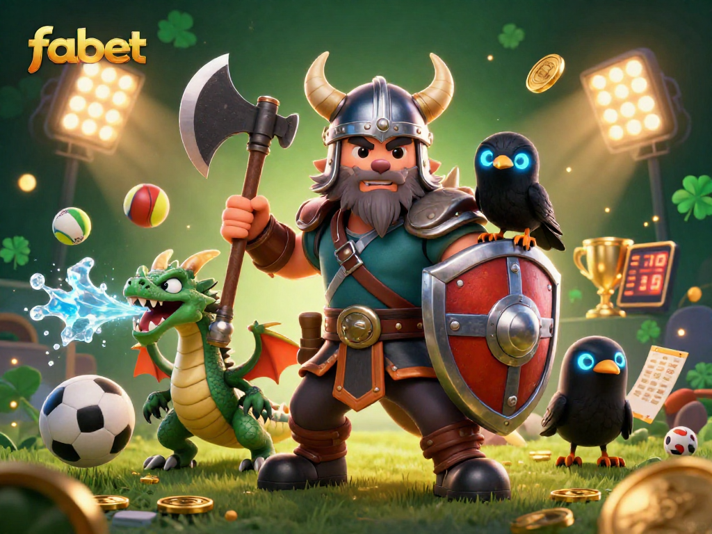 Experience exciting bets with fabet, featuring a Viking wolf warrior and magical elements in this action-packed 3D scene.