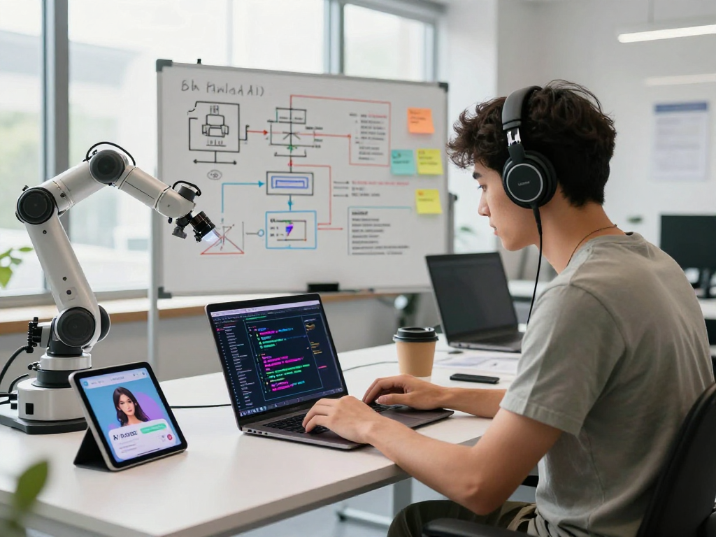 Young developer coding AI girlfriend app in an innovative workspace