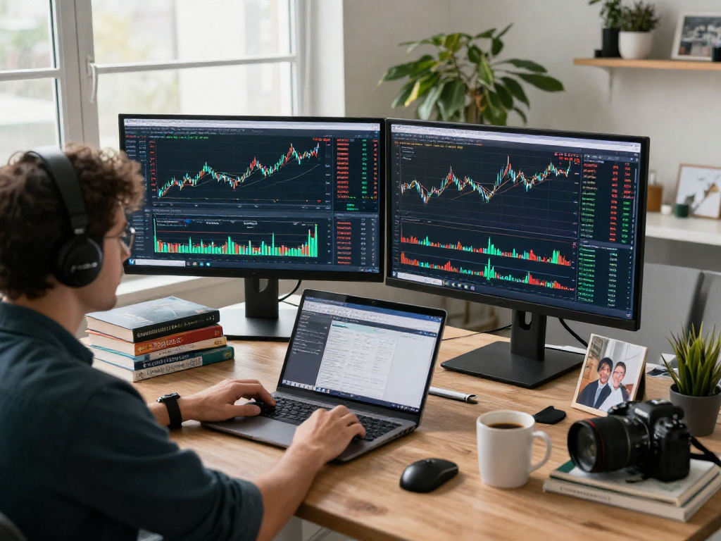 使用metatrader 5的交易者在现代化办公室内分析市场数据和技术指标。