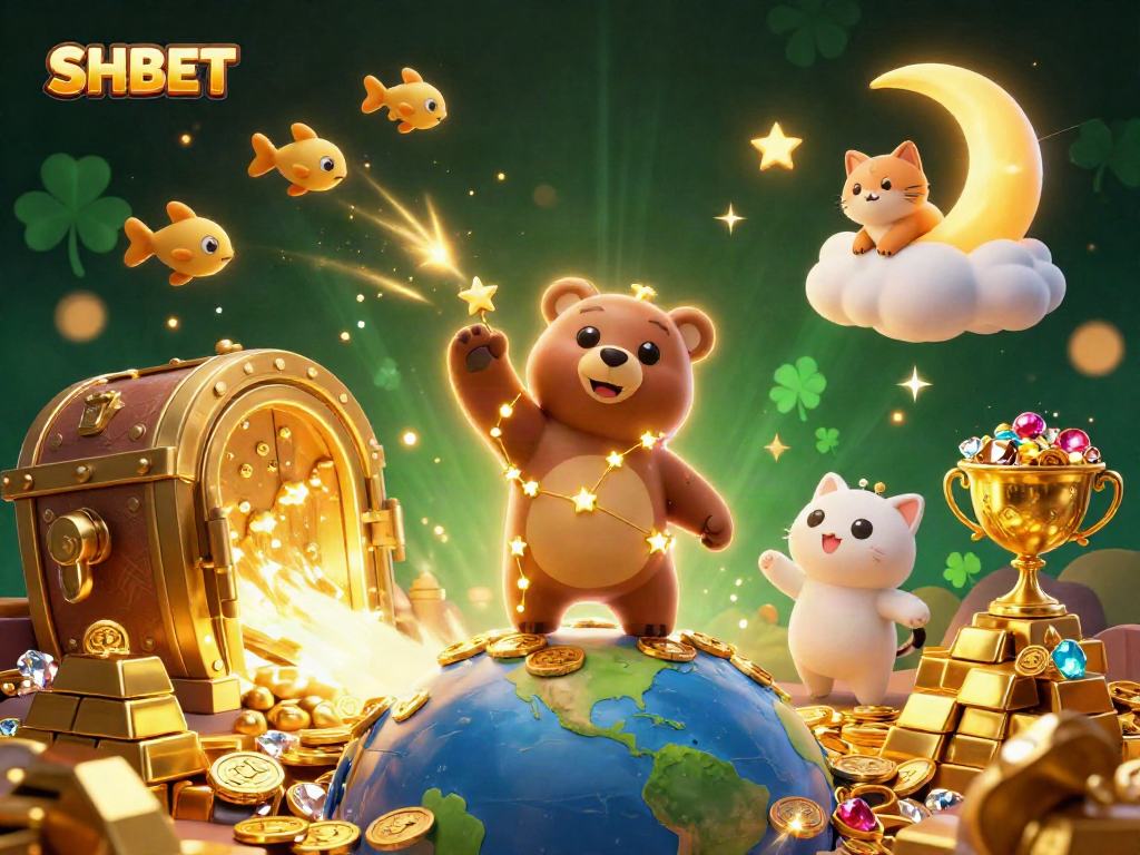 Winning with SHBET at the casino, surrounded by treasure and colorful characters.