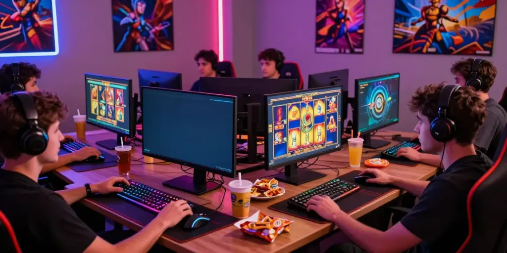 Players engaged in situs slot gacor gaming session, showcasing vivid graphics and an immersive atmosphere.