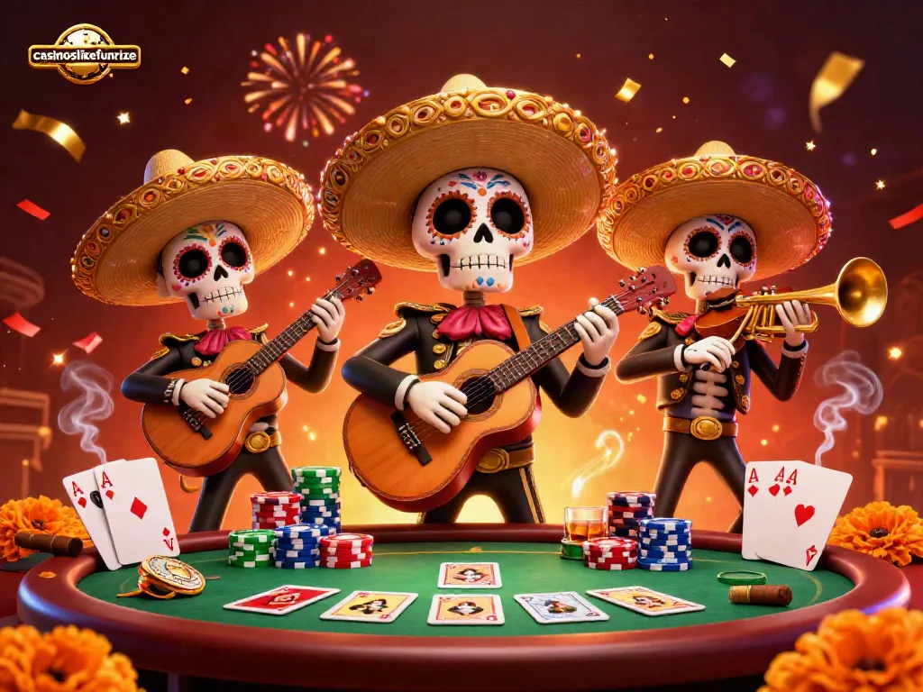 Experience the thrills of casinoslikefunrize with vibrant mariachi skeletons and poker action.