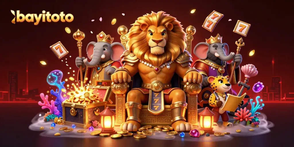 Ilustrasi 3D penuh detail dari bayitoto, raja singa di atas tahta koin emas, dikelilingi permainan slot.