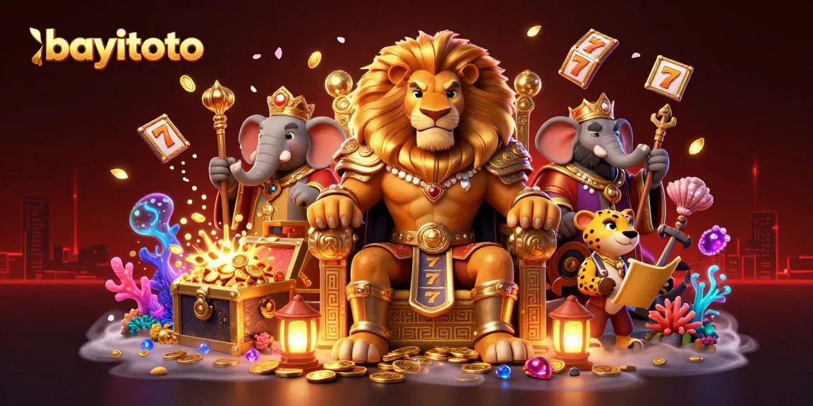 Ilustrasi 3D penuh detail dari bayitoto, raja singa di atas tahta koin emas, dikelilingi permainan slot.