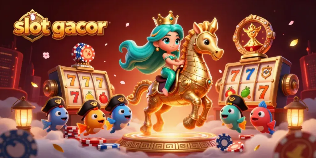 Experience vibrant action in slot gacor with a mermaid princess, gold seahorse, and colorful slot reels in a rich 3D scene.