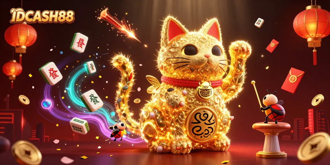 IDCASH88 showcases a vibrant 3D scene with a lucky cat and golden fireflies amidst casino-themed elements.