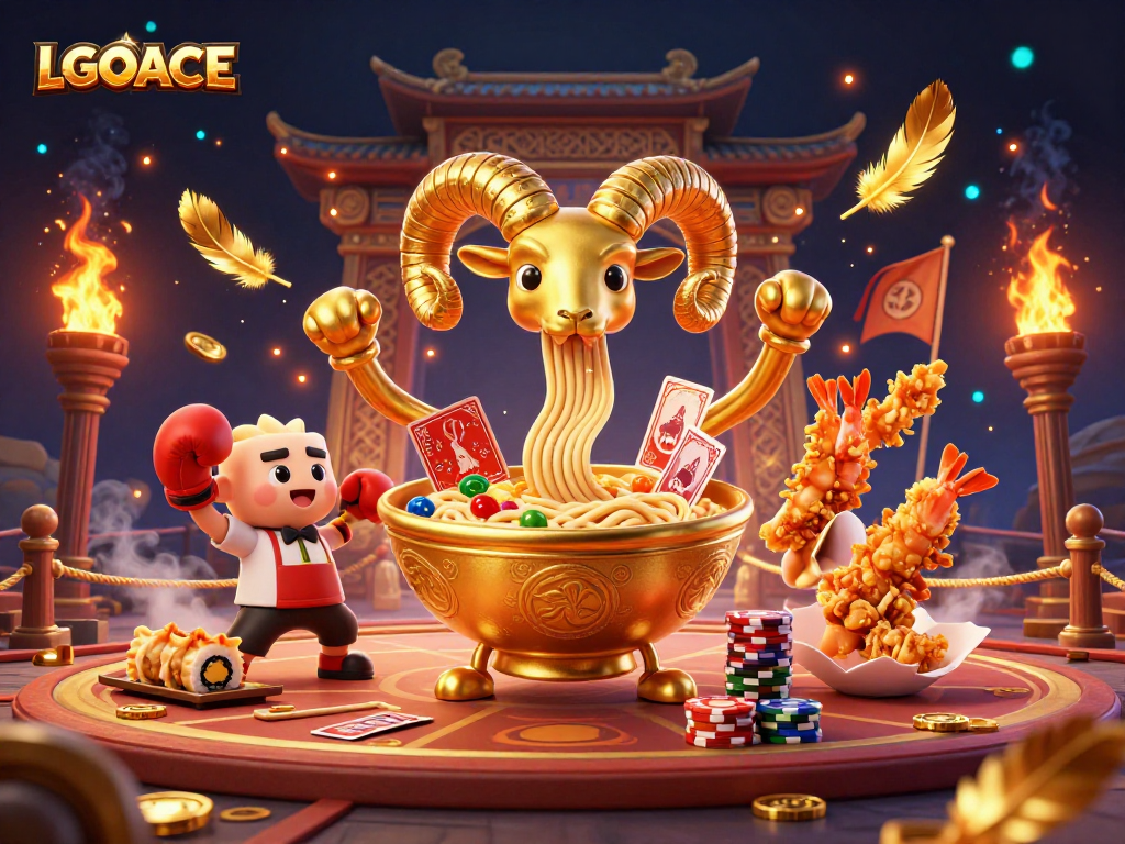 LGOACE offers exciting slot action with a vibrant giant ramen bowl character amidst a casino atmosphere.