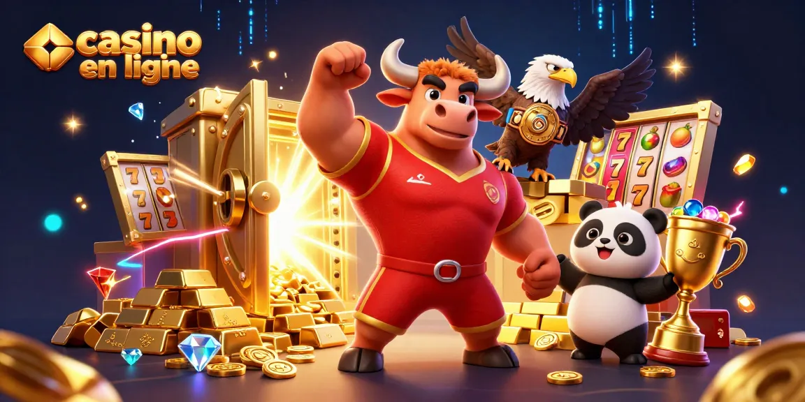 Visuel engageant d'un casino en ligne avec un taureau, un aigle et un panda entourés de trésors scintillants.