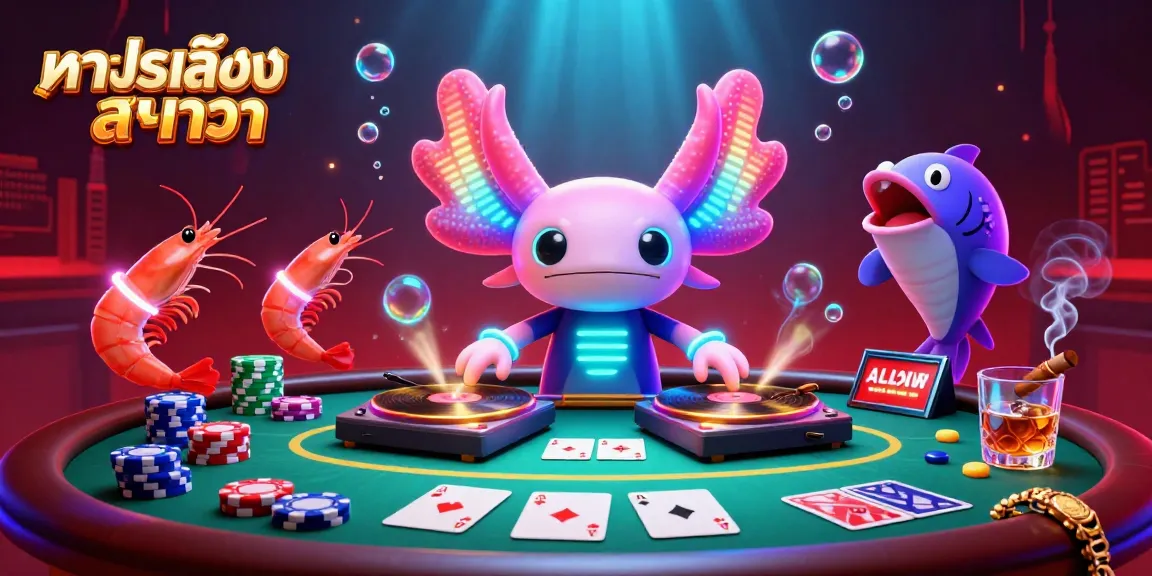 Engage with ทดลองเล่นบาคาร่า in this vibrant 3D casino scene featuring a neon axolotl DJ and lively underwater characters.