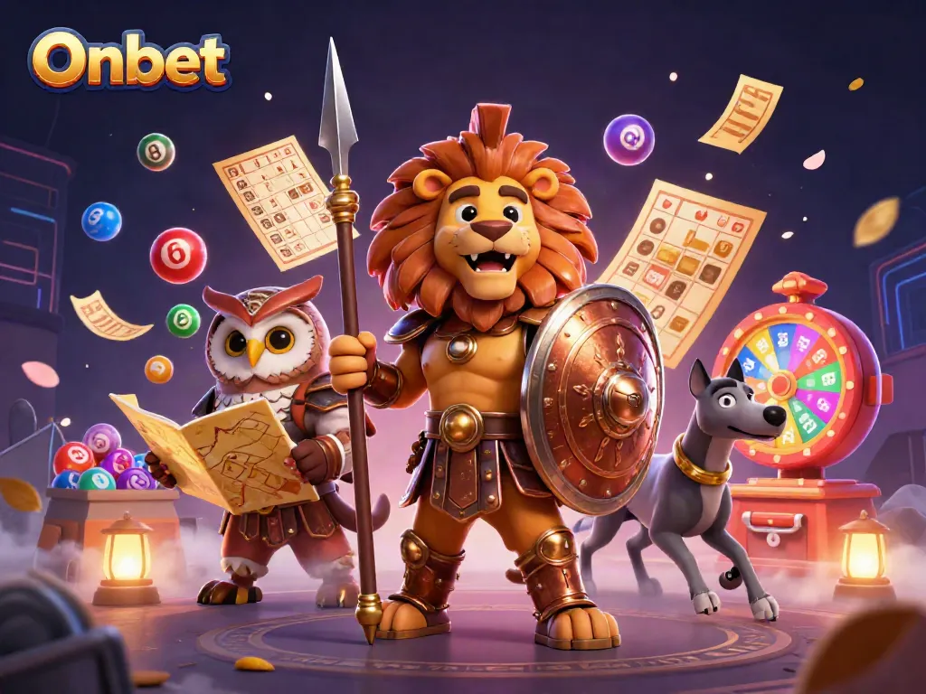 Onbet gaming scene with a Spartan lion, owl strategist, and greyhound messenger surrounded by lottery elements.