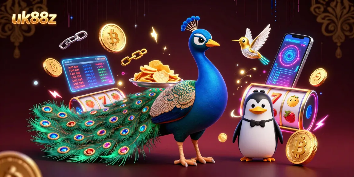 Action-packed uk88z scene featuring a peacock, penguin, and hummingbird amidst vibrant casino elements.