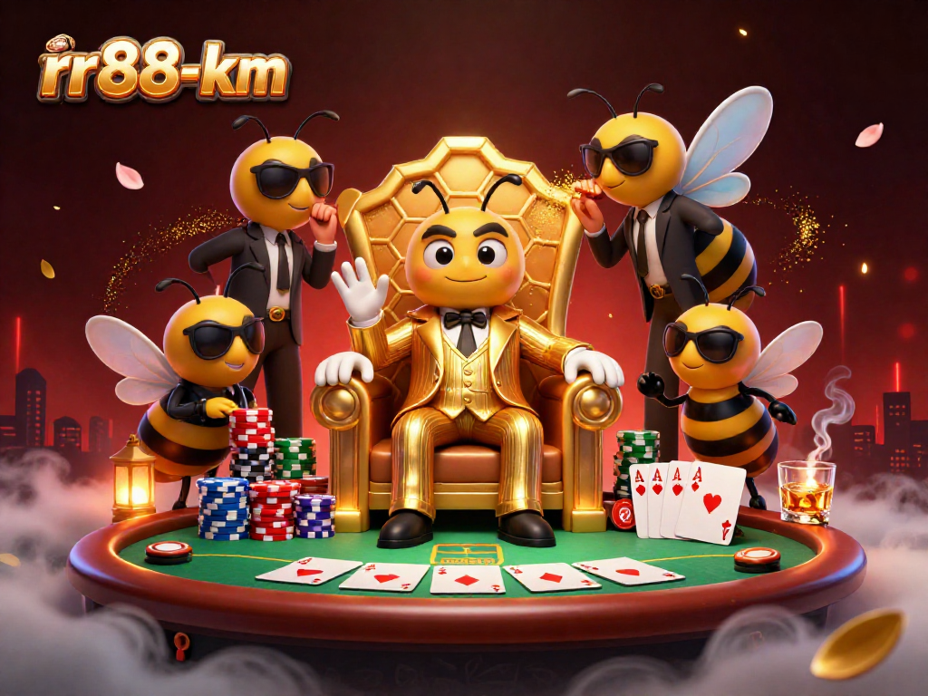 Join the 3D bumblebee mob boss 'rr88-km' at a vibrant poker table for thrilling action.