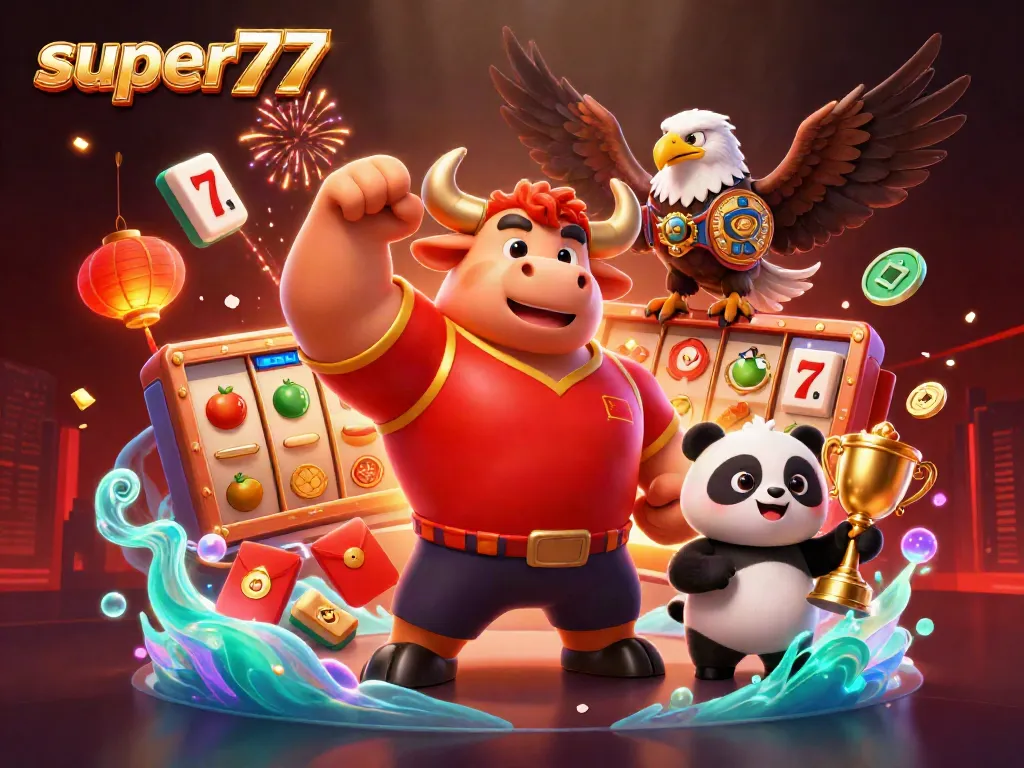 Experience thrilling gameplay with super77, featuring a dynamic bull mascot, eagle champion, and panda trophy