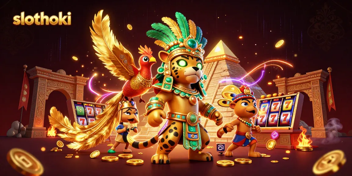 Slot judi seru di slothoki menampilkan jaguar priyayi dan burung quetzal dalam suasana kasino.