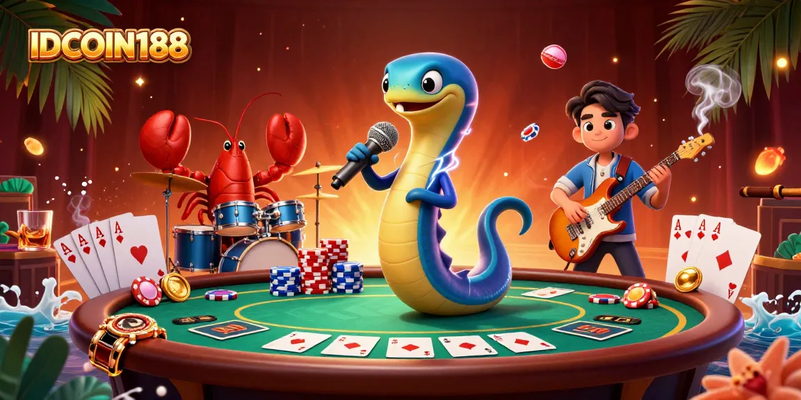 IDCOIN188 showcases an electric eel DJ performing with colorful poker elements in an underwater casino.