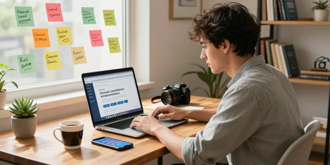 Registro de Dominios en México in a modern home office with a young entrepreneur using a laptop, brainstorming ideas, surrounded by colorful notes.