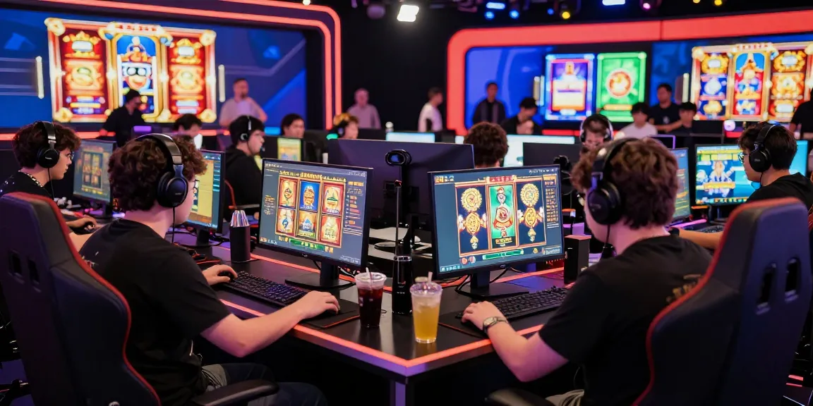 Kompetisi slot online di CABEMANIS88 dengan pemain terlibat, suasana arena esports yang dinamis.