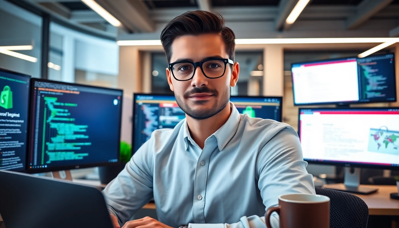 Hire Shopify developer working in a modern office, focused on e-commerce solutions.