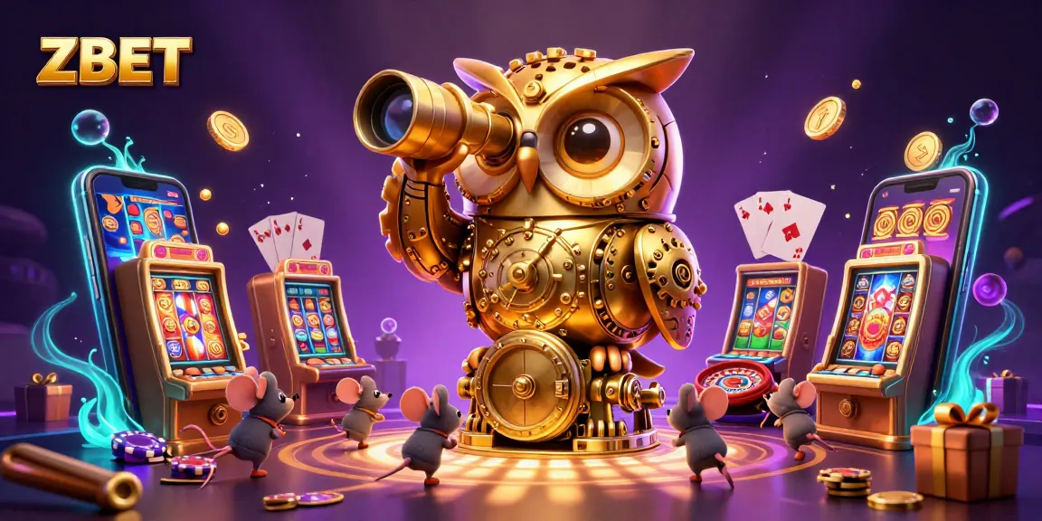 ZBET showcases an exciting casino scene with a clockwork owl and mouse patrons enjoying games.