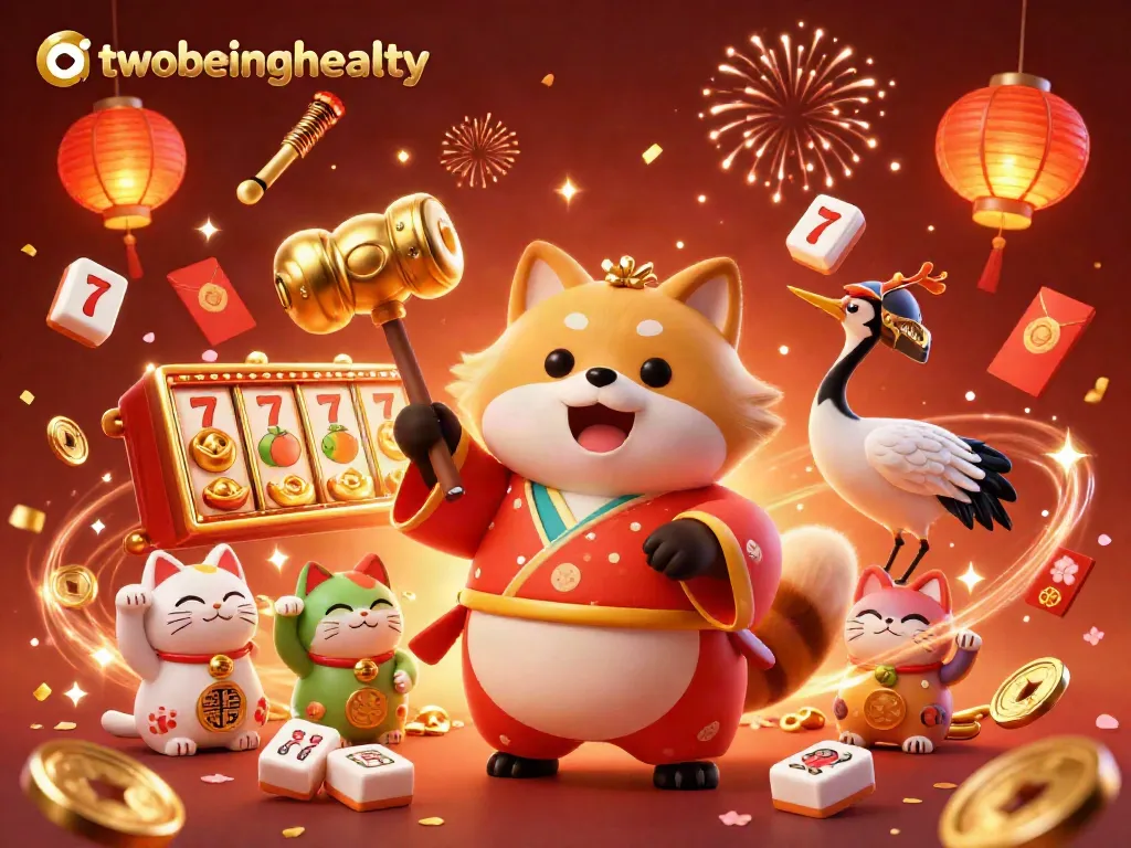 Experience the thrilling slots action at twobeinghealty with cheerful characters and golden jackpots in a vibrant casino setting.