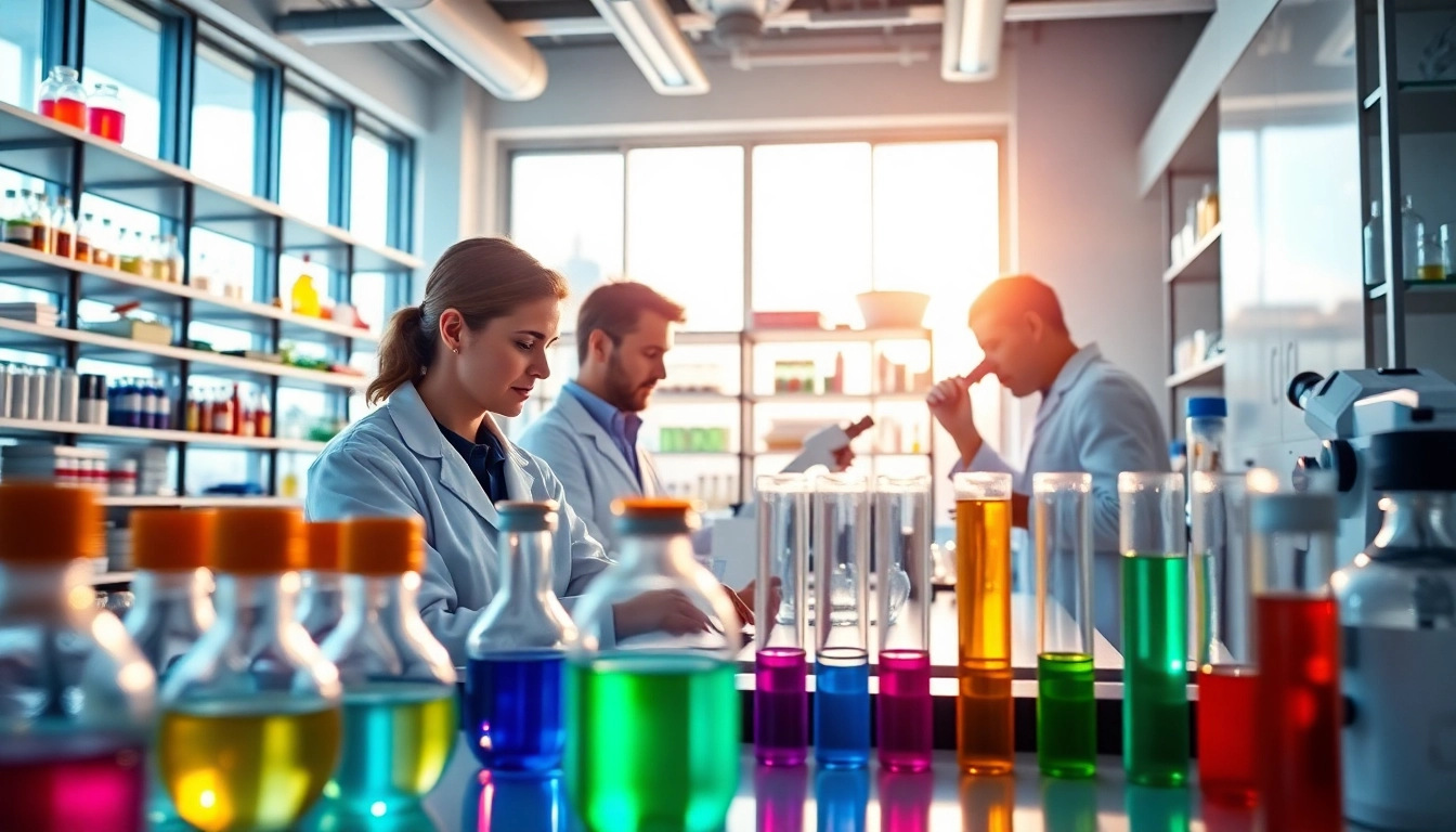 Studying peptides in a laboratory setting with vibrant solutions and focused scientists.
