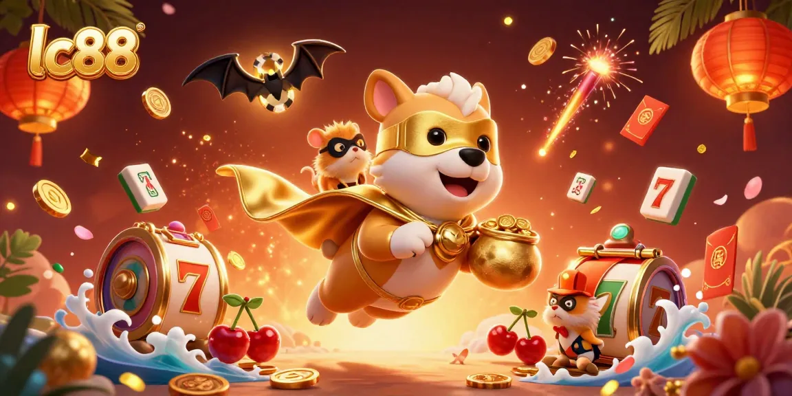 Experience excitement with lc88 as a superhero dog and sidekick hamster fly through a vibrant casino world.