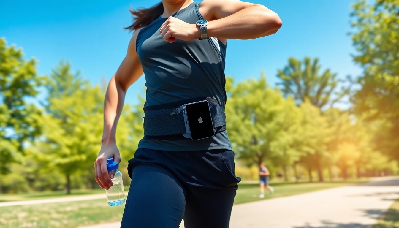 Dynamic athlete wearing a running belt for phone, showcasing fitness and functionality in a park.