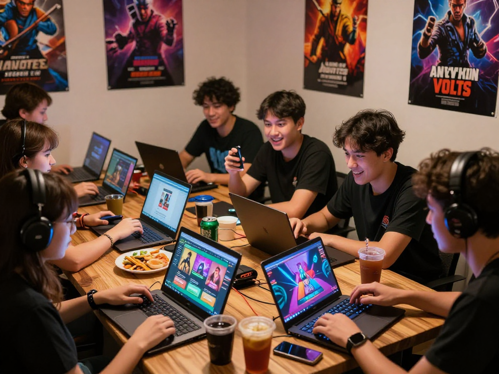 Exciting scene of gamers enjoying popular porn games on various devices, capturing vibrant atmosphere.
