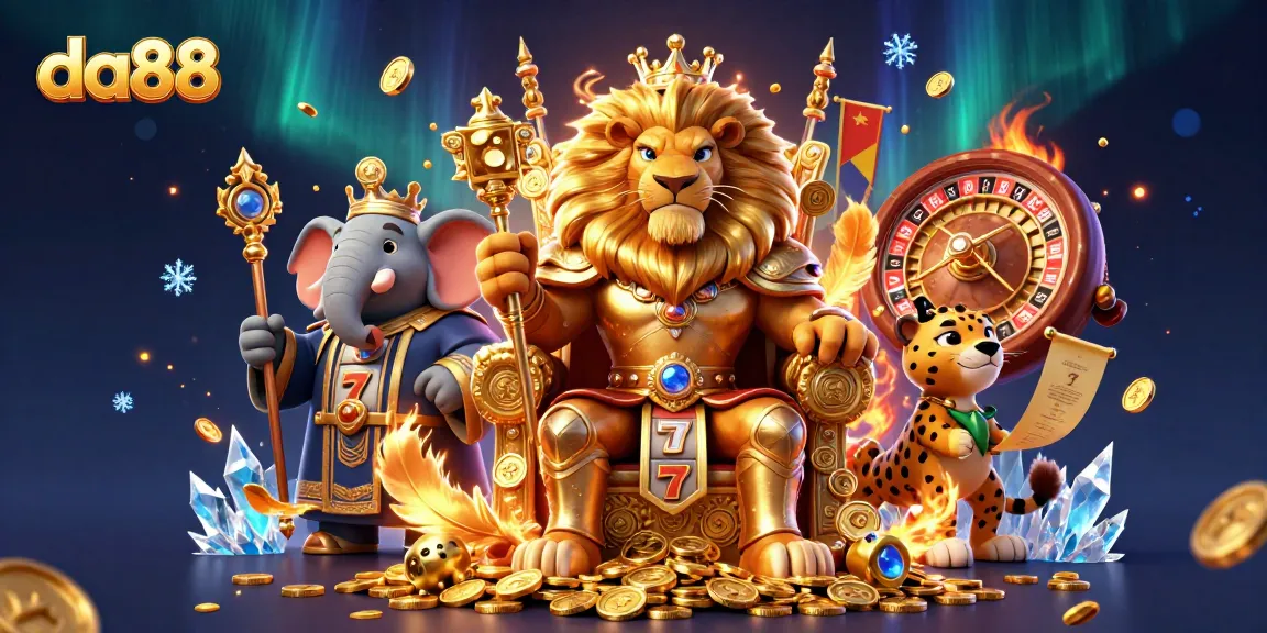 Experience the thrill of DA88 slots with vibrant lion, elephant, and cheetah characters in a dazzling casino scene.