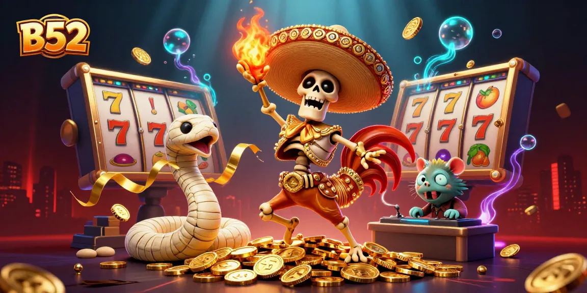 Engage with B52's vibrant casino scene where a skeleton rooster celebrates on golden coins amidst dynamic slot elements.