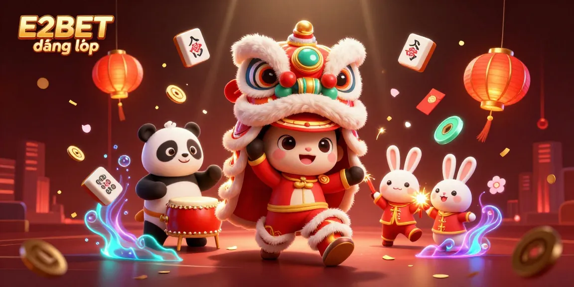 Engage in E2BET đăng nhập through an immersive 3D illustration of a vibrant Chinese festive casino scene.