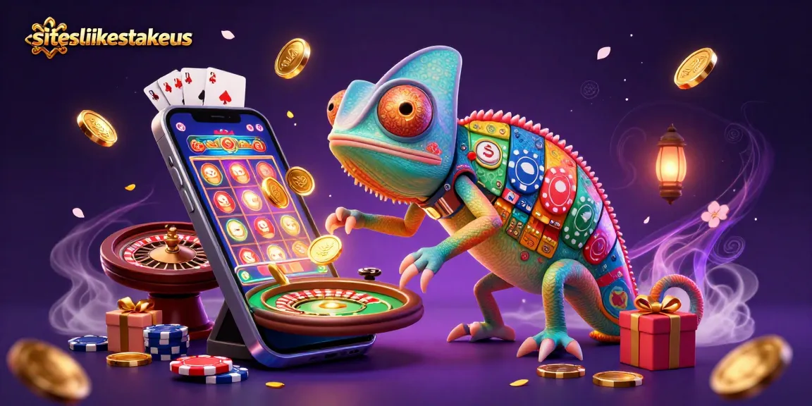 Experience winning action at siteslikestakeus with an enormous chameleon casino owner collecting golden coins amid gaming excitement.