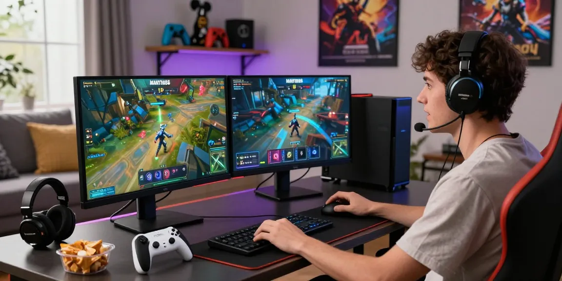 Engaged gamer using MANTRA88 for online gaming access with dual monitors and colorful interfaces.